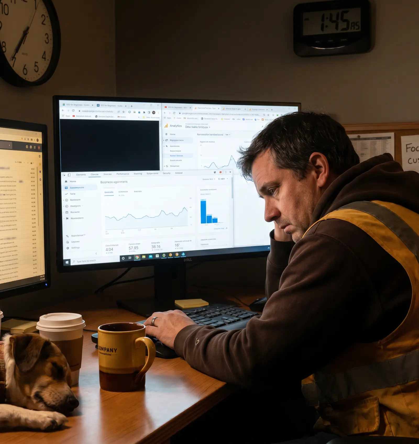 Search engine optimization management strain: a service owner buried in DIY SEO browser tabs as customer emails go unanswered