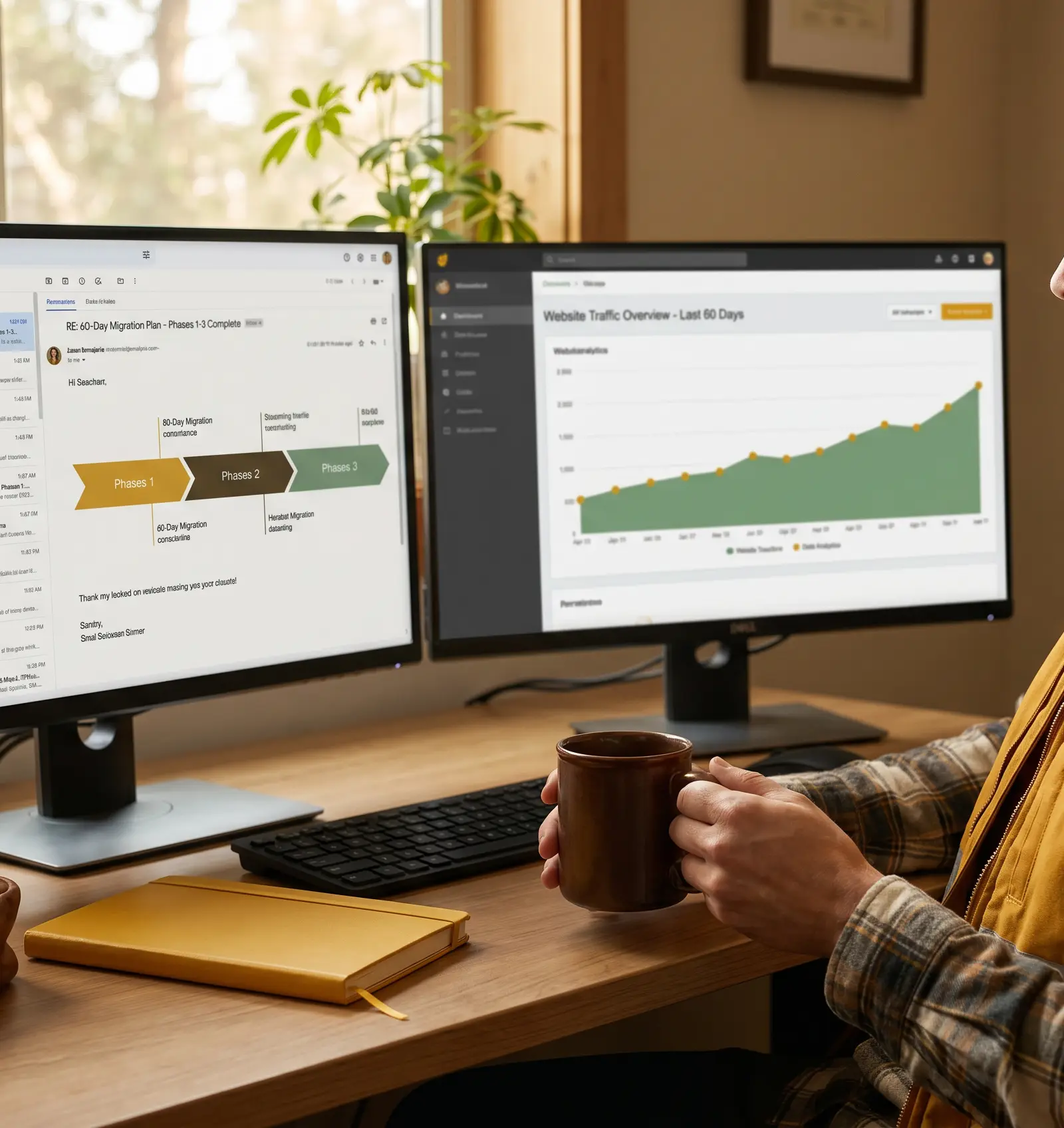 Search engine optimization management 60-day migration timeline email beside steady website traffic analytics