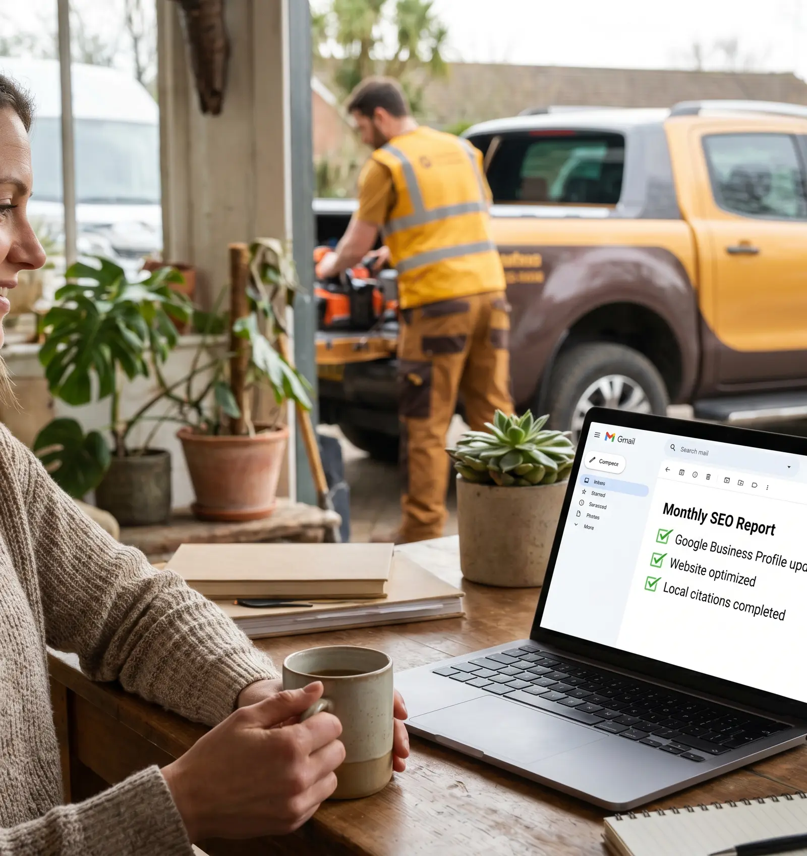 Search engine optimization management email showing completed SEO tasks checked off on a laptop