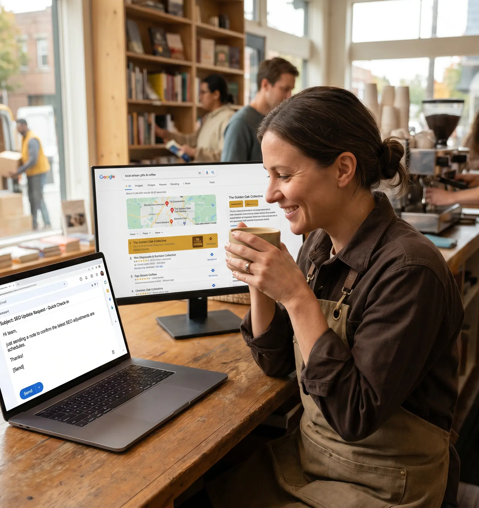 Search engine optimization management run email-first as an owner sends a request and rankings show on a second screen