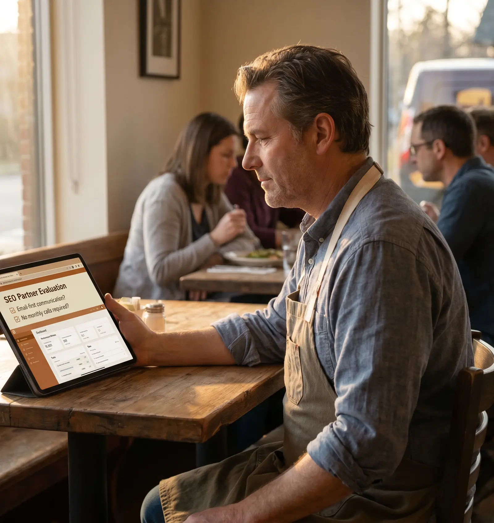 Search engine optimization management partner evaluation checklist on a tablet