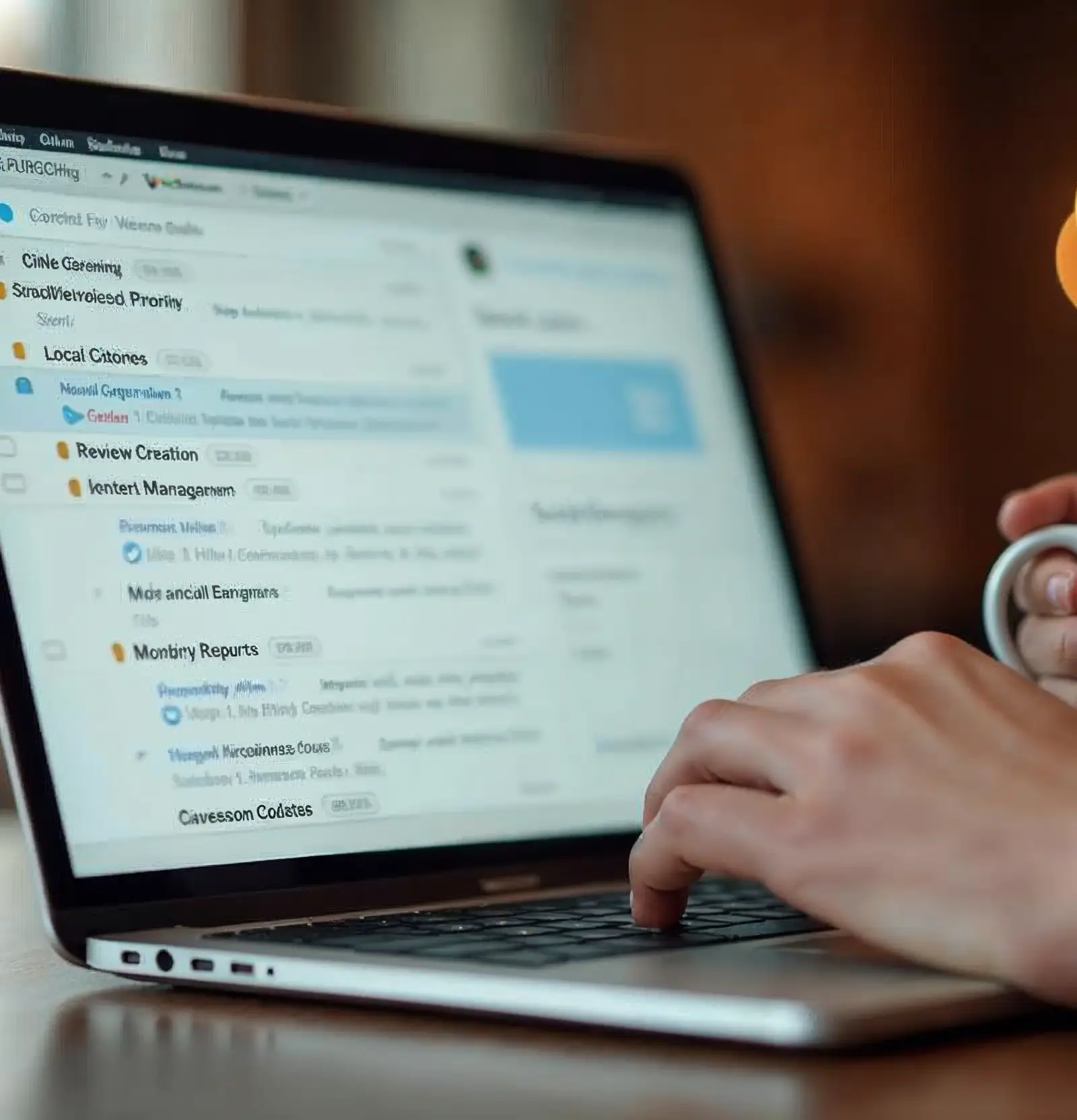 SEO management services — email dashboard showing fully managed service components on a laptop