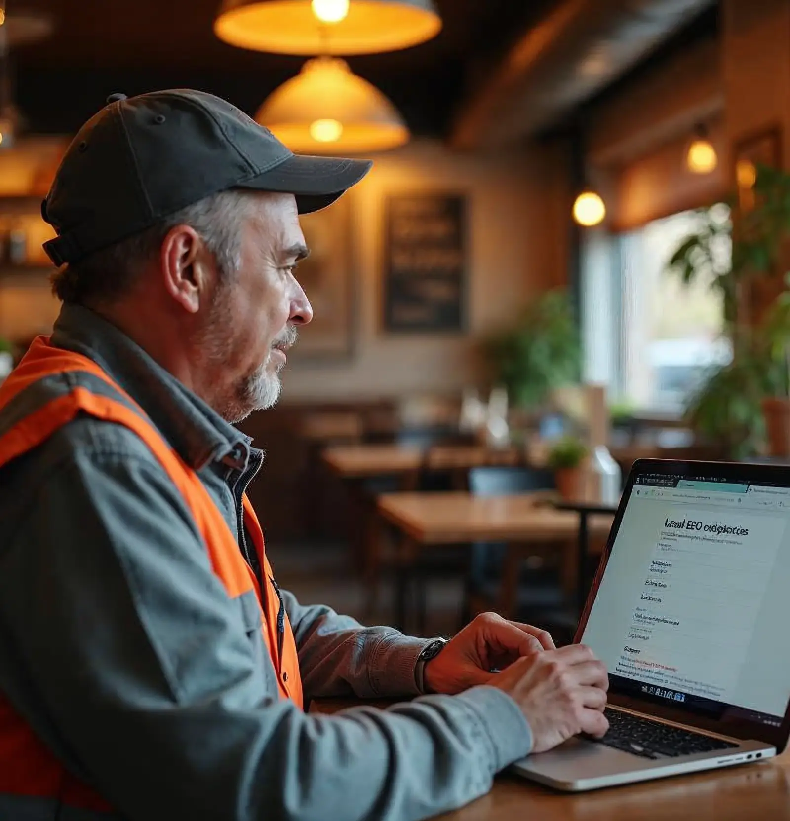 SEO management services — relaxed restaurant owner reviewing profits while updates arrive by email