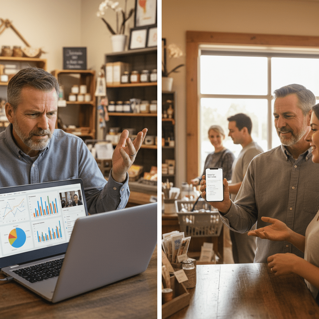 A Cedar Rapids business owner reviewing performance charts on a laptop while talking shop with a colleague in-store.