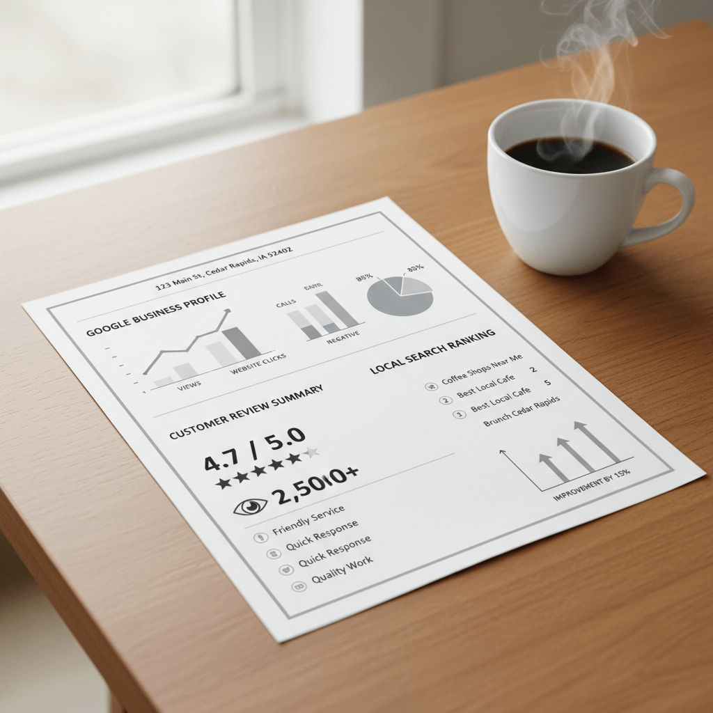 A printed monthly web-management report — Google Business Profile, a 4.7 / 5.0 review summary, and local-search rankings — on a desk beside a coffee cup.