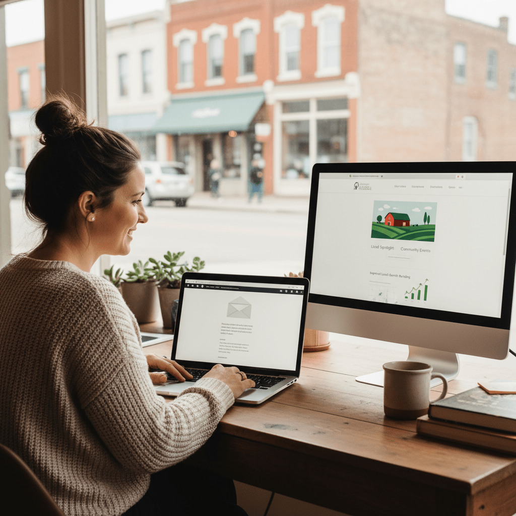 A small-business owner managing her fast, Astro-built website from a desk overlooking a Main Street storefront.