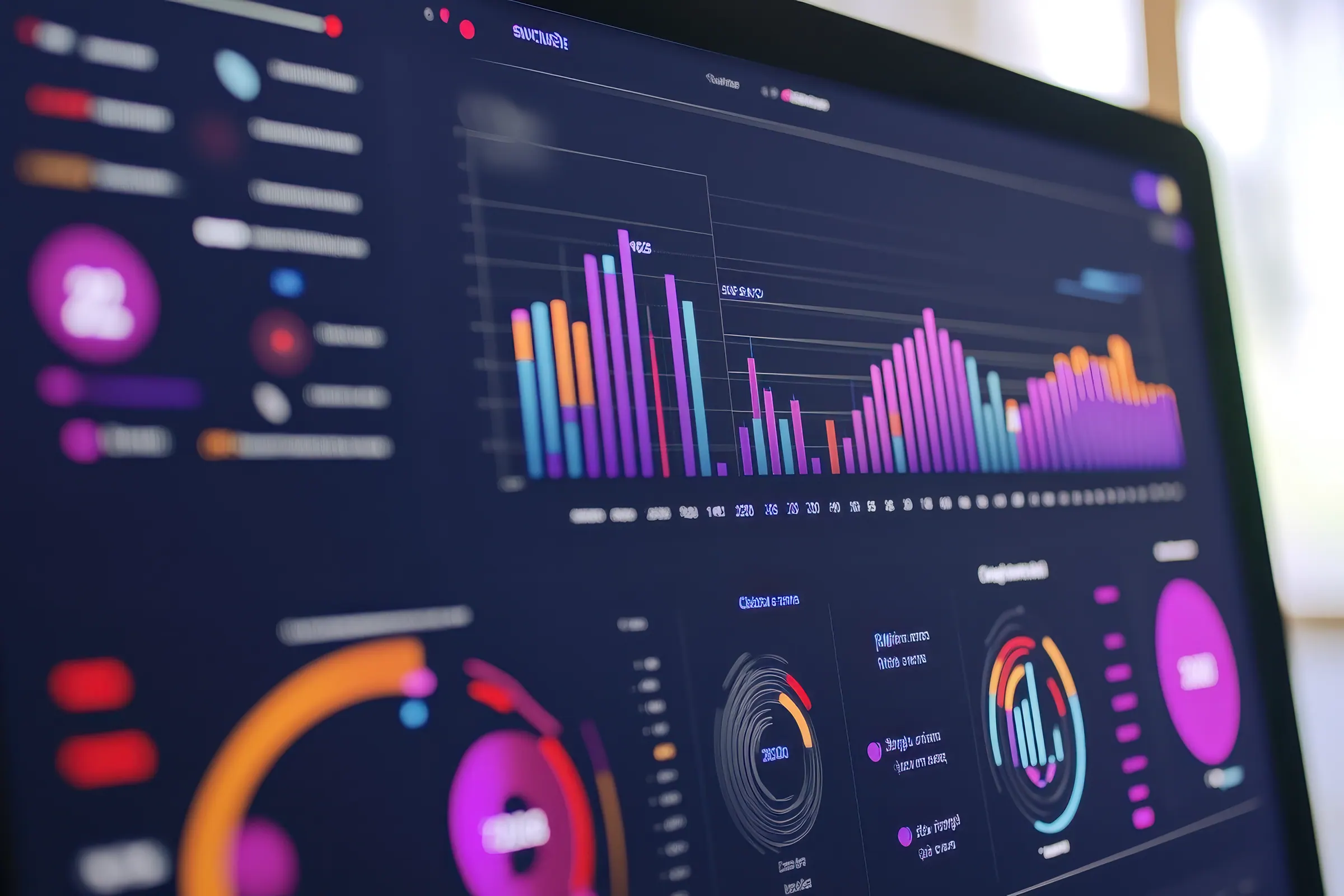 A colorful analytics dashboard displaying traffic sources, conversion paths, and key event counts.
