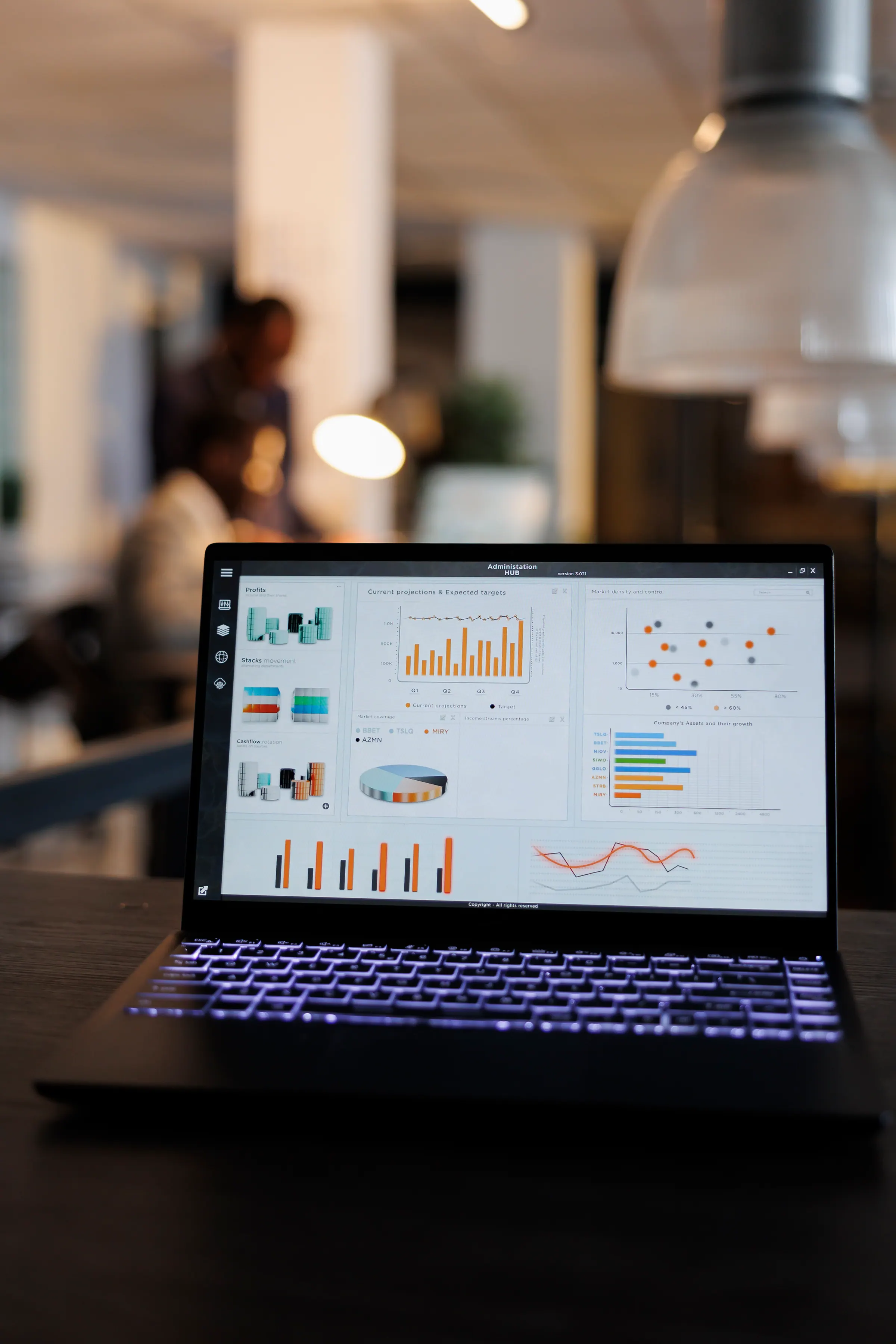 A marketing analytics view showing keyword positions, traffic mix, and conversion stats.