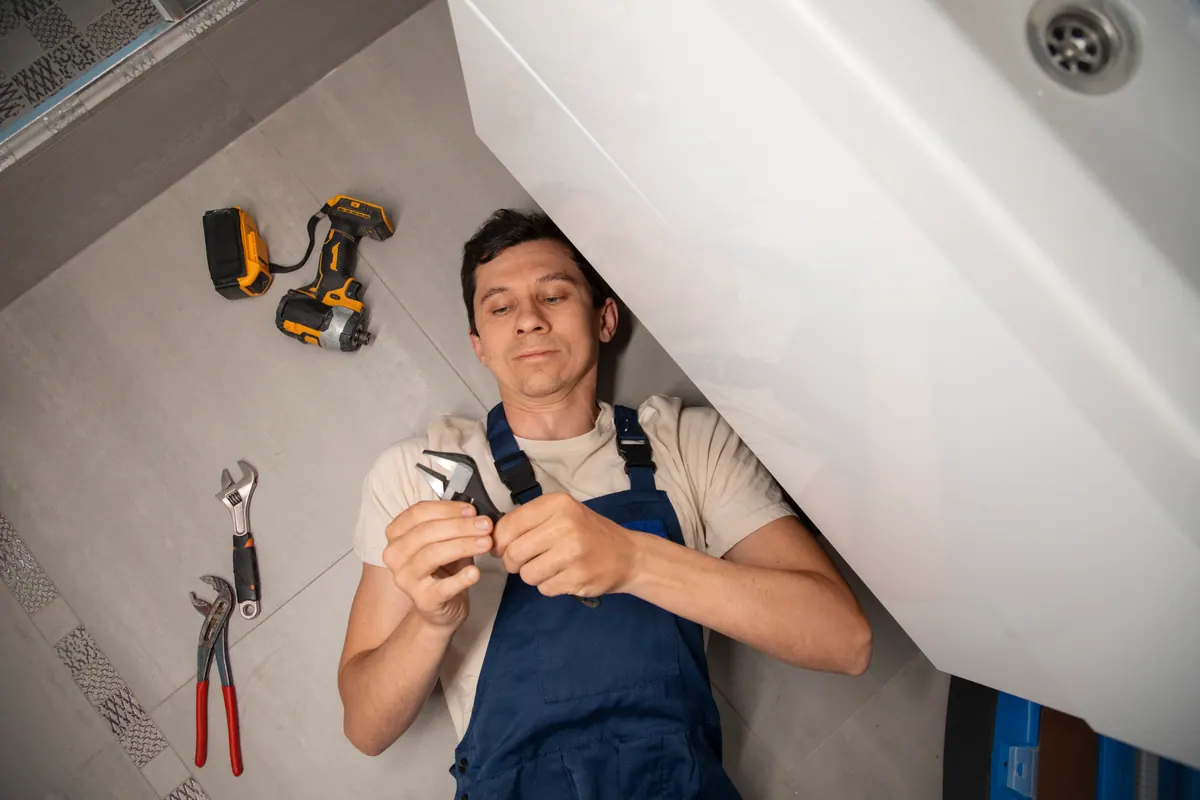 A plumber on a service call at a customer's home — the solo operator competing on local search in Eastern Iowa.