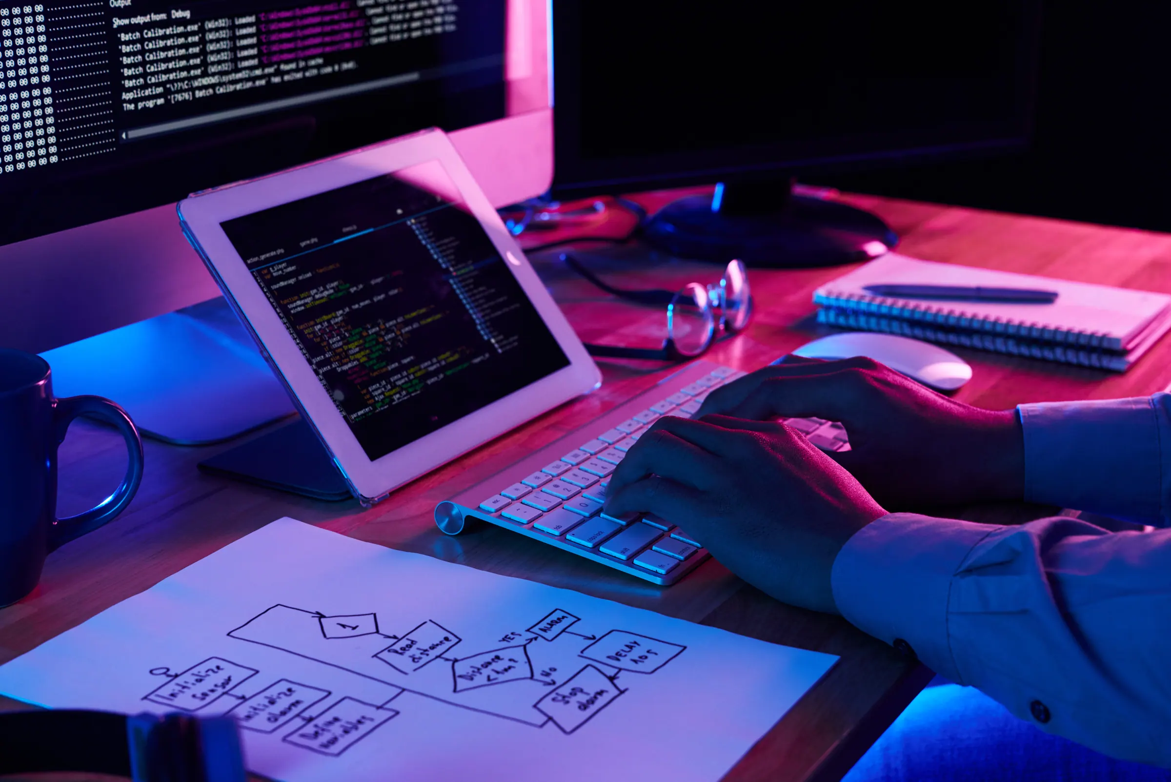 A developer's desk with exportable HTML and CSS open — the rendered site is yours to host anywhere.